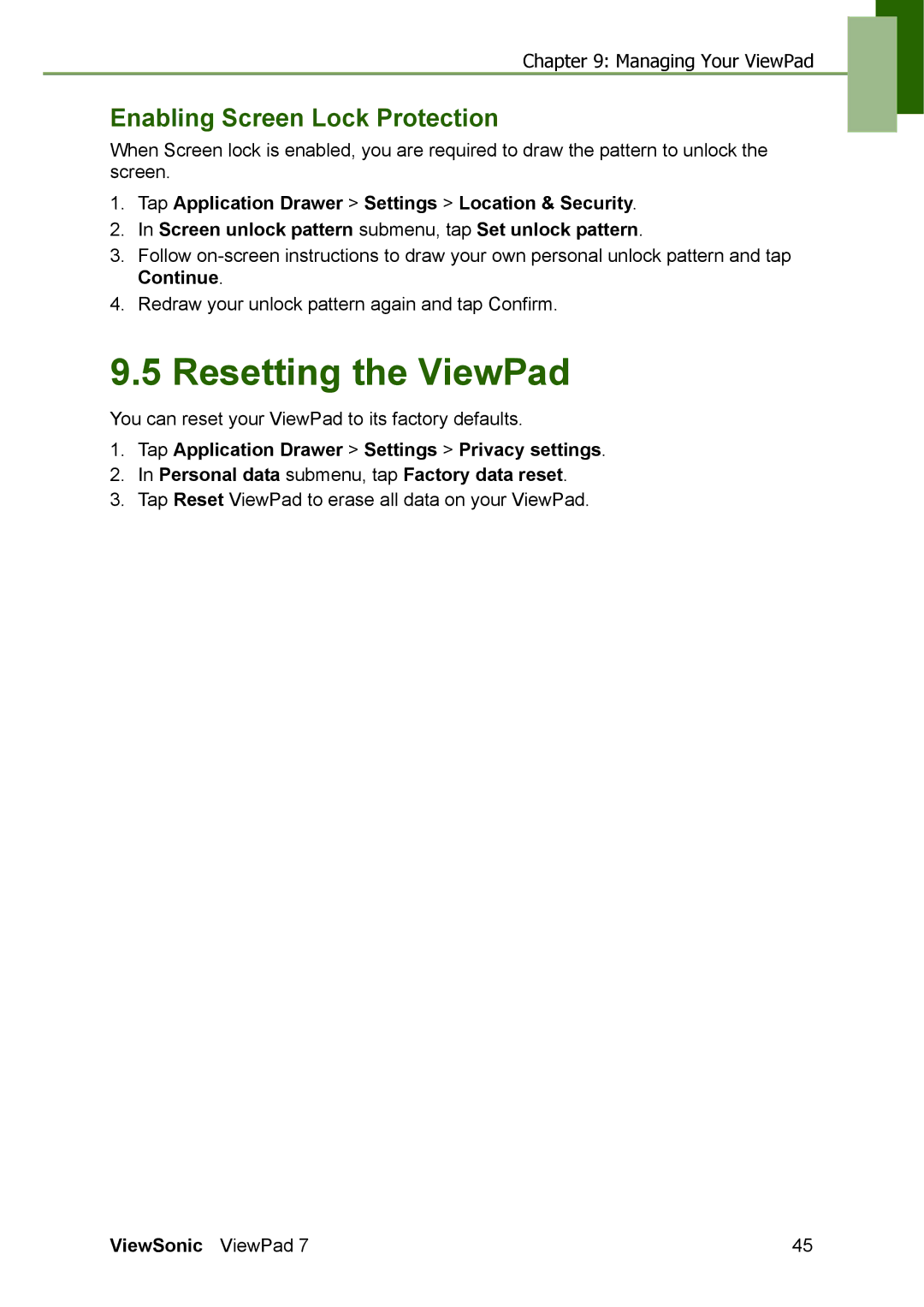 ViewSonic VS13761 manual Resetting the ViewPad, Enabling Screen Lock Protection 