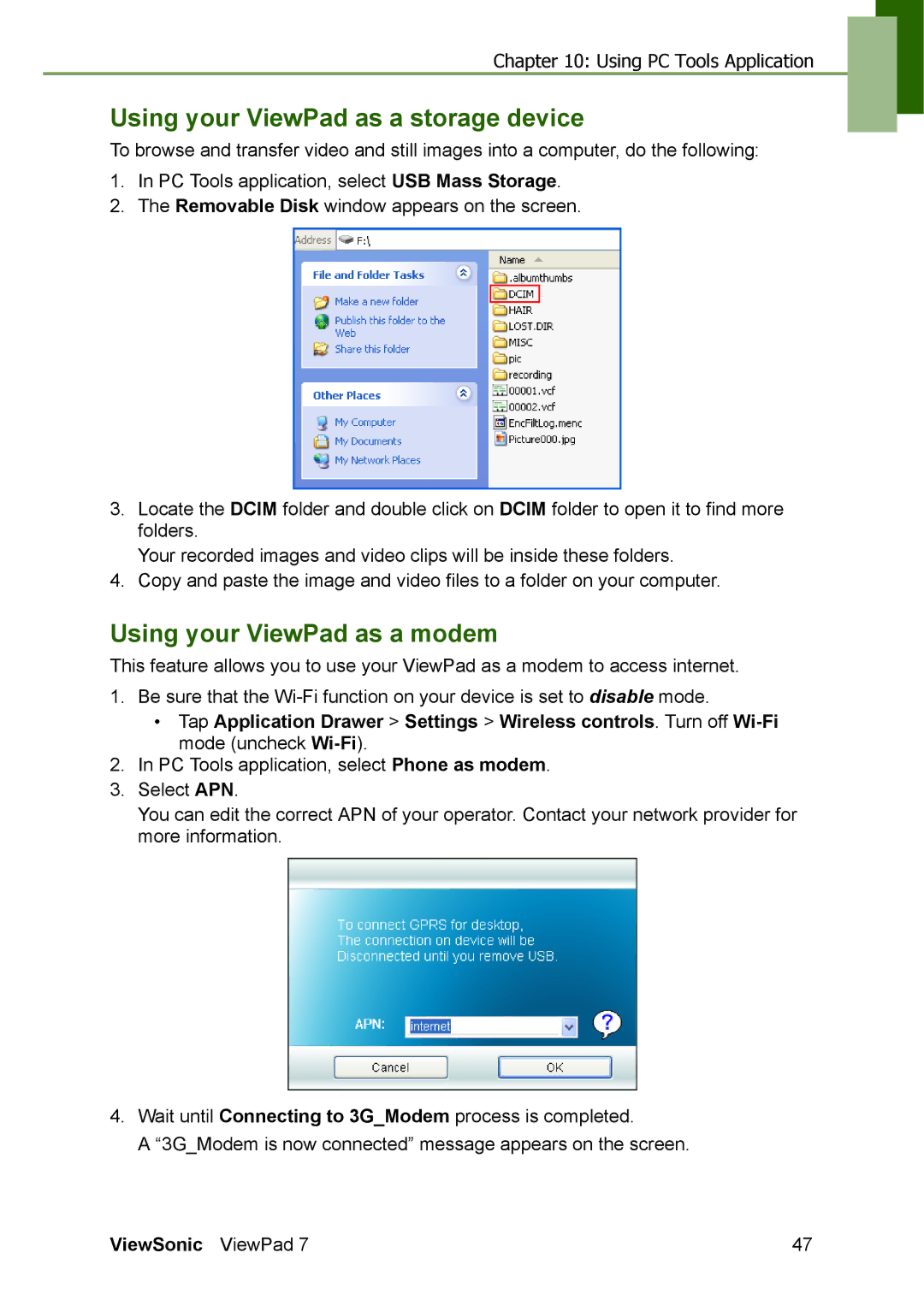 ViewSonic VS13761 manual Using your ViewPad as a storage device, Using your ViewPad as a modem 