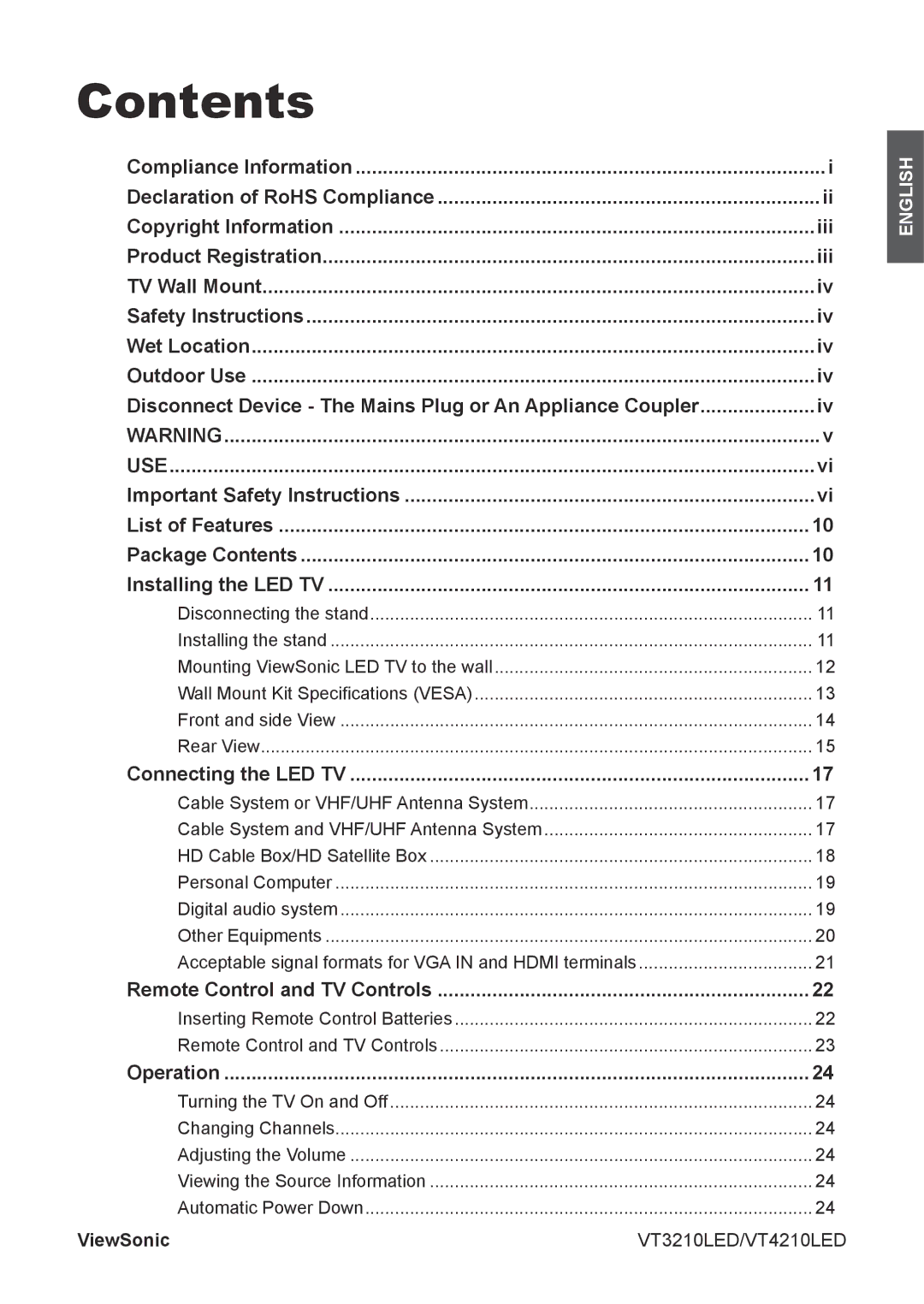 ViewSonic VS13776-1M, VS13772-1M manual Contents 