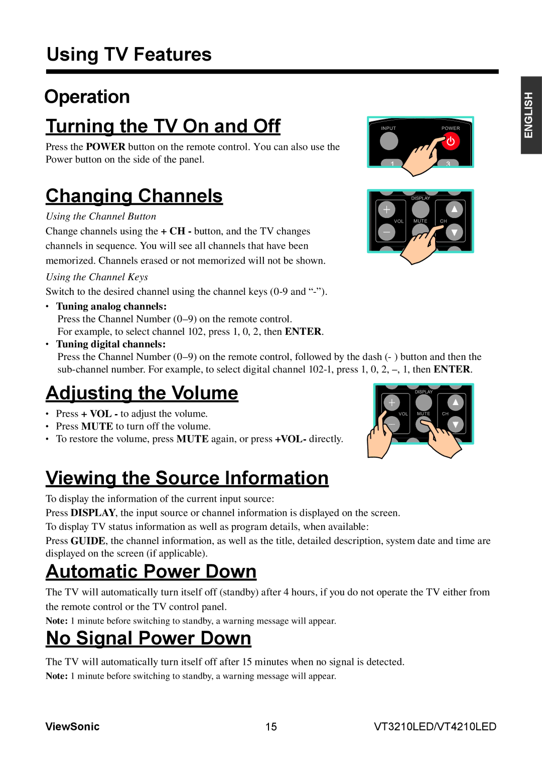 ViewSonic VS13772-1M manual Using TV Features Operation Turning the TV On and Off, Changing Channels, Adjusting the Volume 