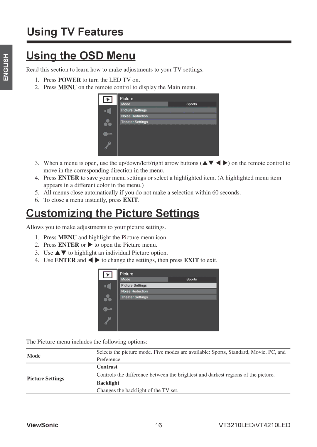 ViewSonic VS13776-1M, VS13772-1M manual Using TV Features Using the OSD Menu, Customizing the Picture Settings 