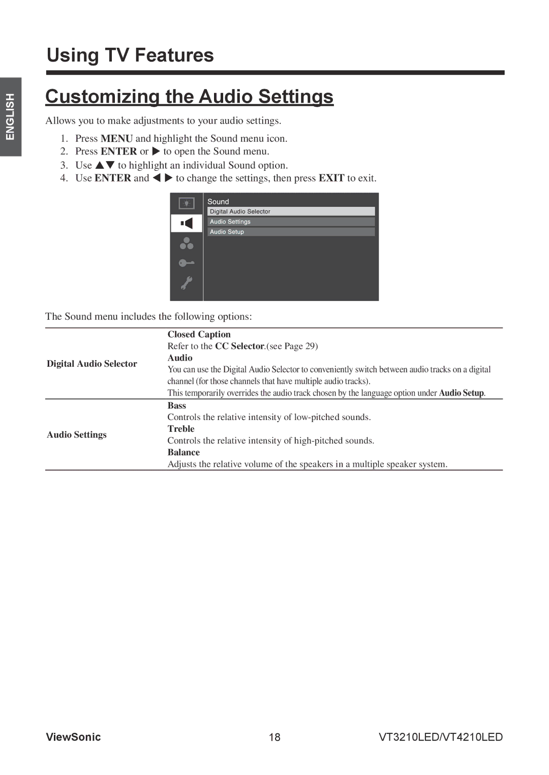 ViewSonic VS13776-1M, VS13772-1M manual Using TV Features Customizing the Audio Settings 