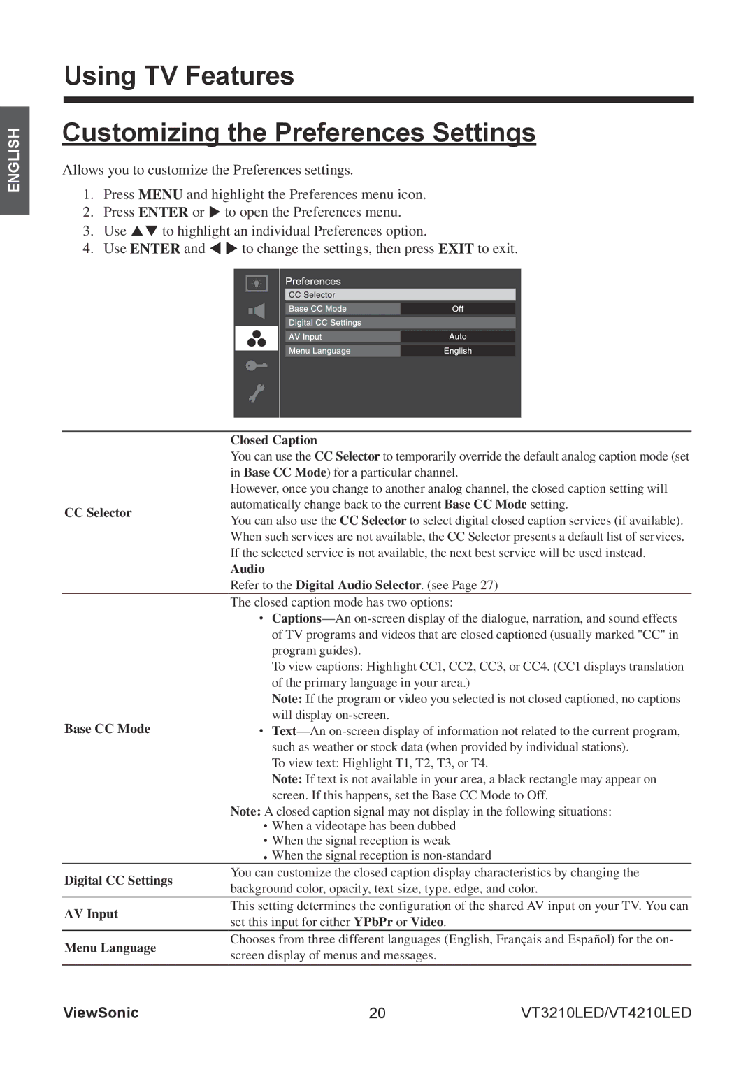 ViewSonic VS13776-1M, VS13772-1M manual Using TV Features Customizing the Preferences Settings 