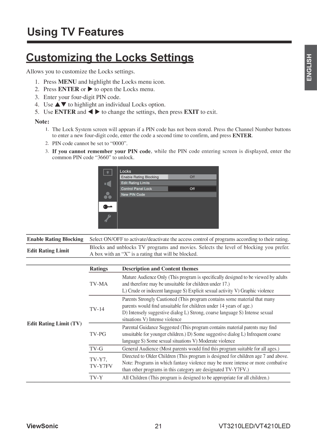 ViewSonic VS13772-1M, VS13776-1M manual Using TV Features Customizing the Locks Settings, Edit Rating Limit TV 