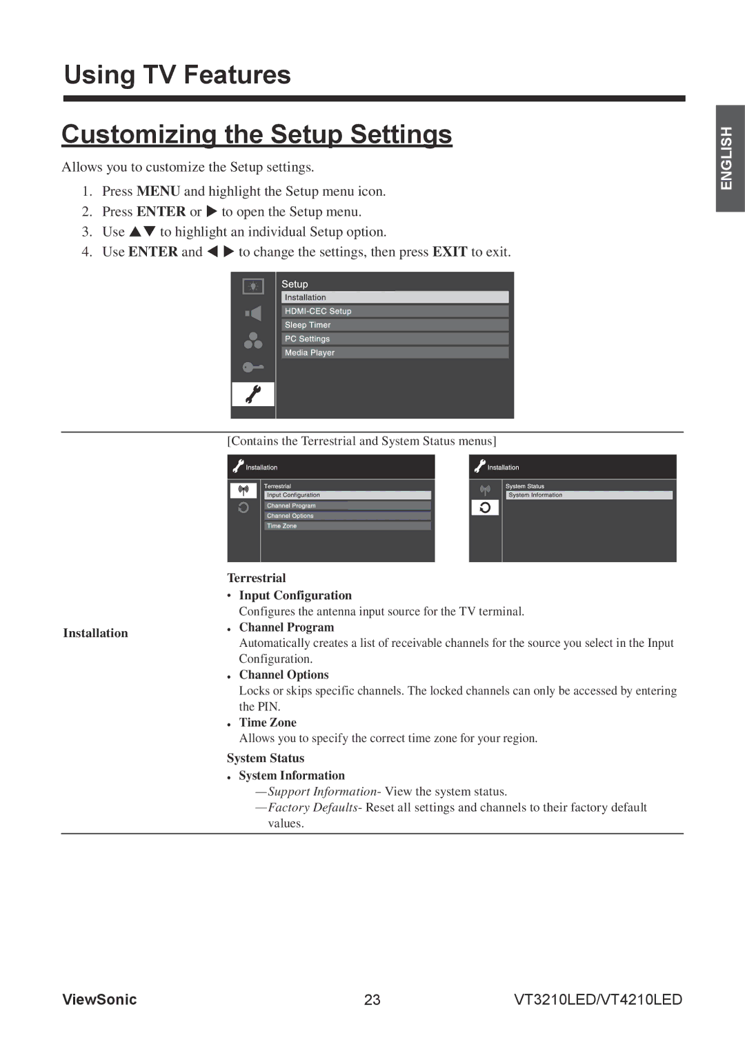 ViewSonic VS13772-1M, VS13776-1M manual Using TV Features Customizing the Setup Settings 