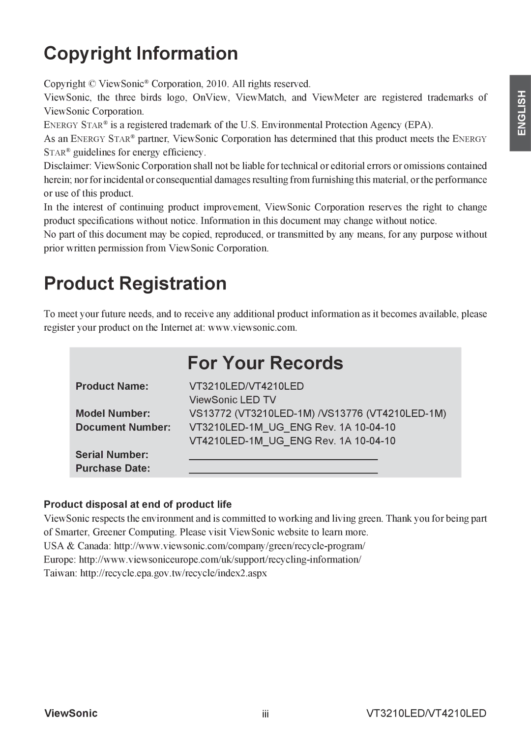 ViewSonic VS13776-1M, VS13772-1M manual Copyright Information, Product Registration For Your Records 