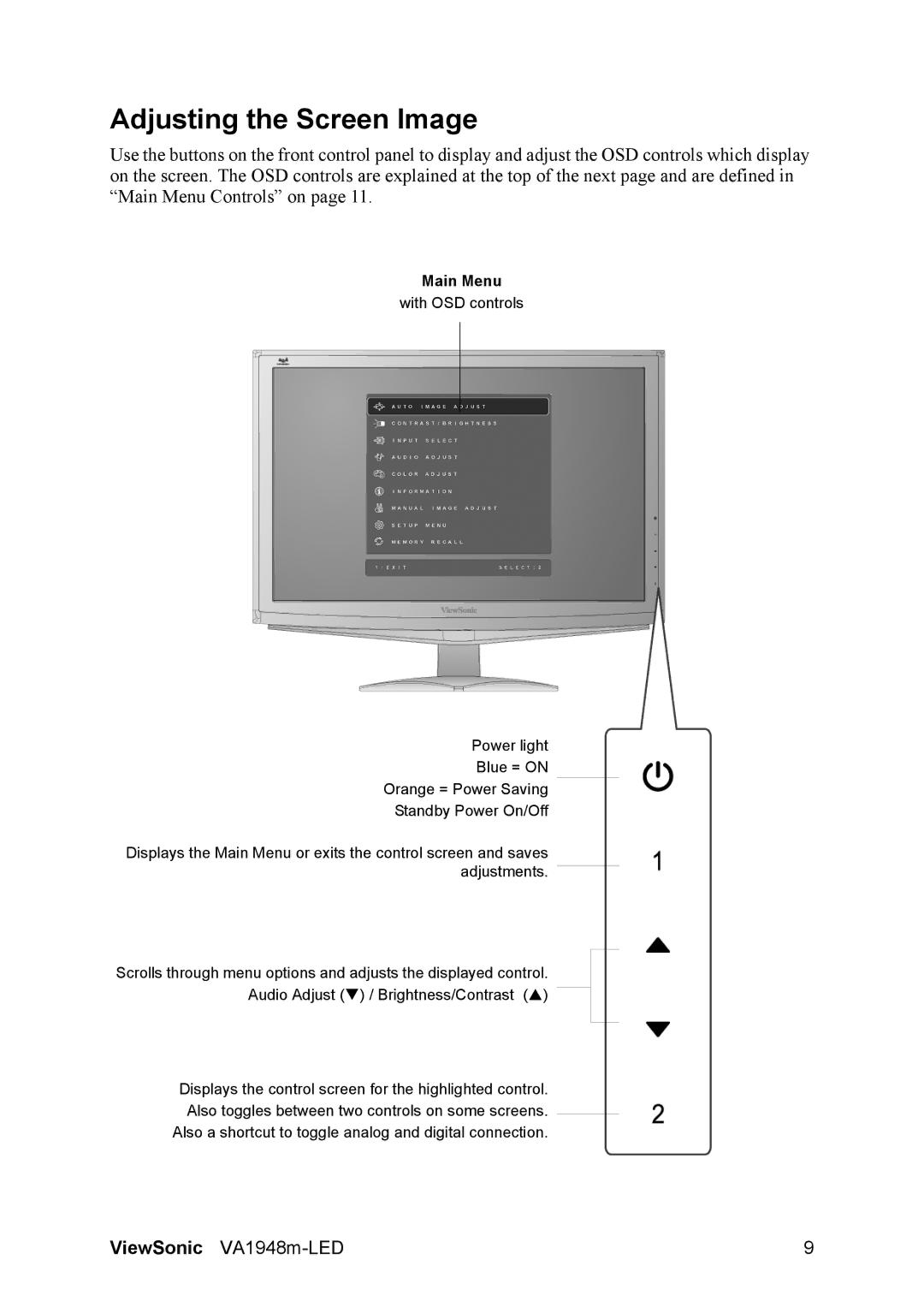 ViewSonic VS13780 warranty Adjusting the Screen Image, Main Menu 