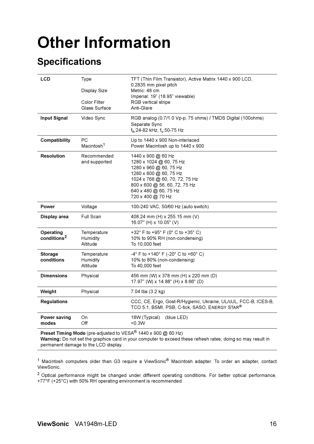 ViewSonic VS13780 warranty Other Information, Specifications 