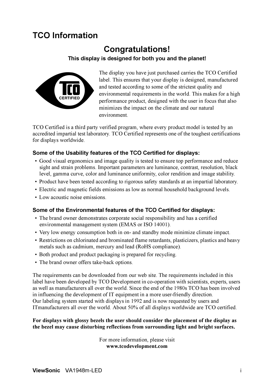 ViewSonic VS13780 warranty TCO Information Congratulations, This display is designed for both you and the planet 