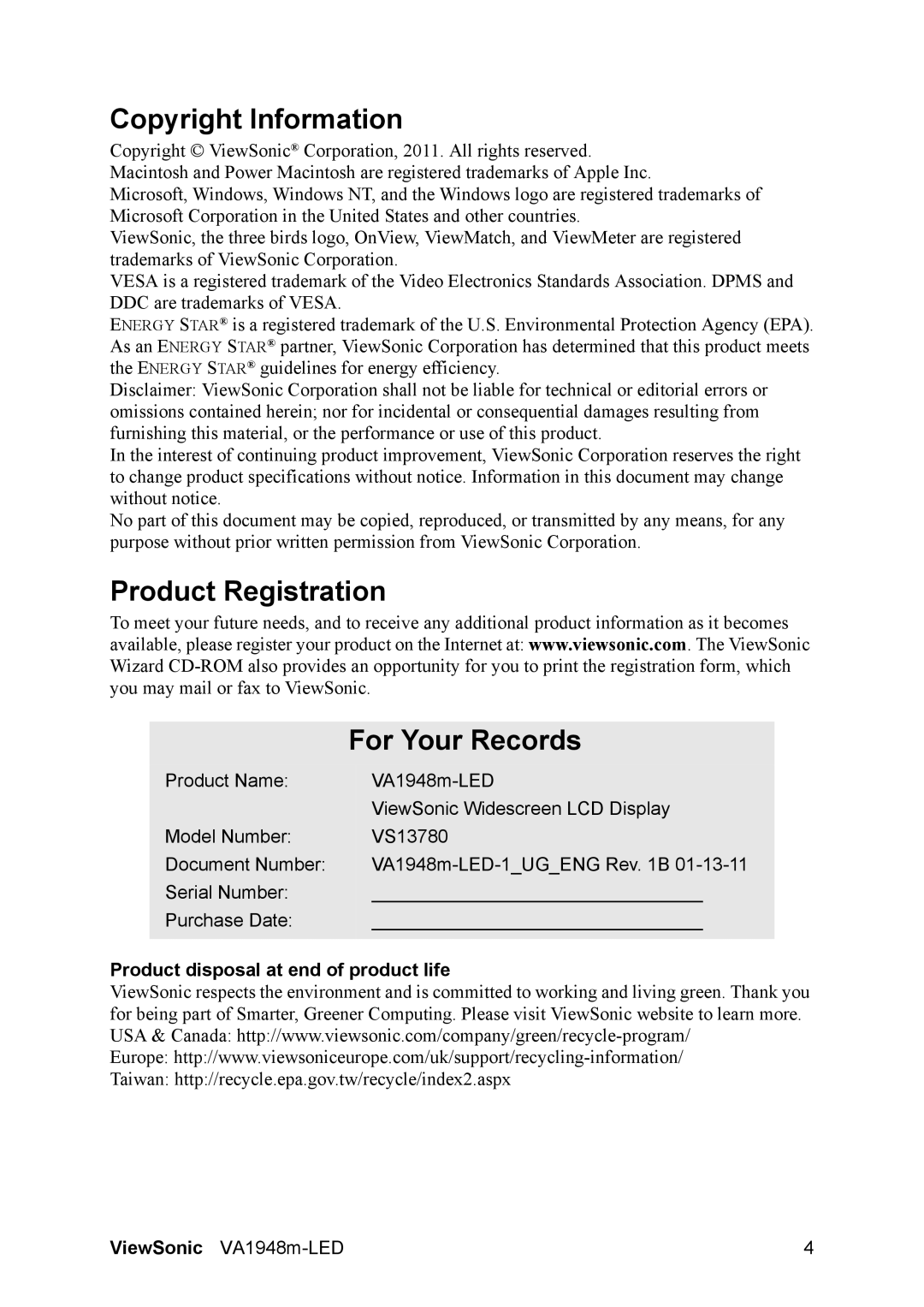 ViewSonic VS13780 Copyright Information, Product Registration For Your Records, Product disposal at end of product life 