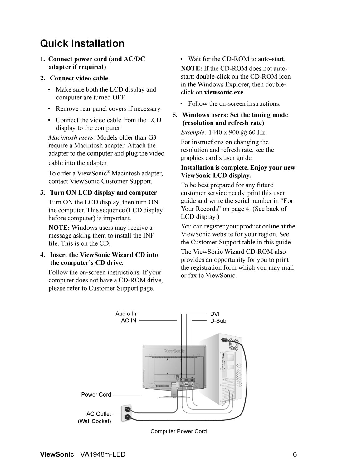 ViewSonic VS13780 warranty Quick Installation, Turn on LCD display and computer 