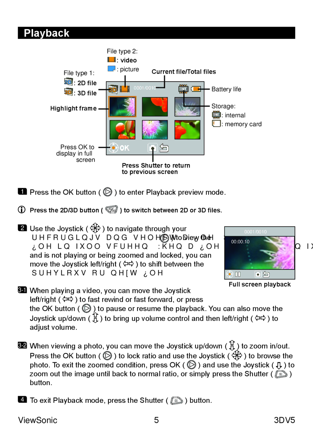 ViewSonic VS13782 warranty Playback, File type Video Picture Current file/Total files 2D file, Battery life 