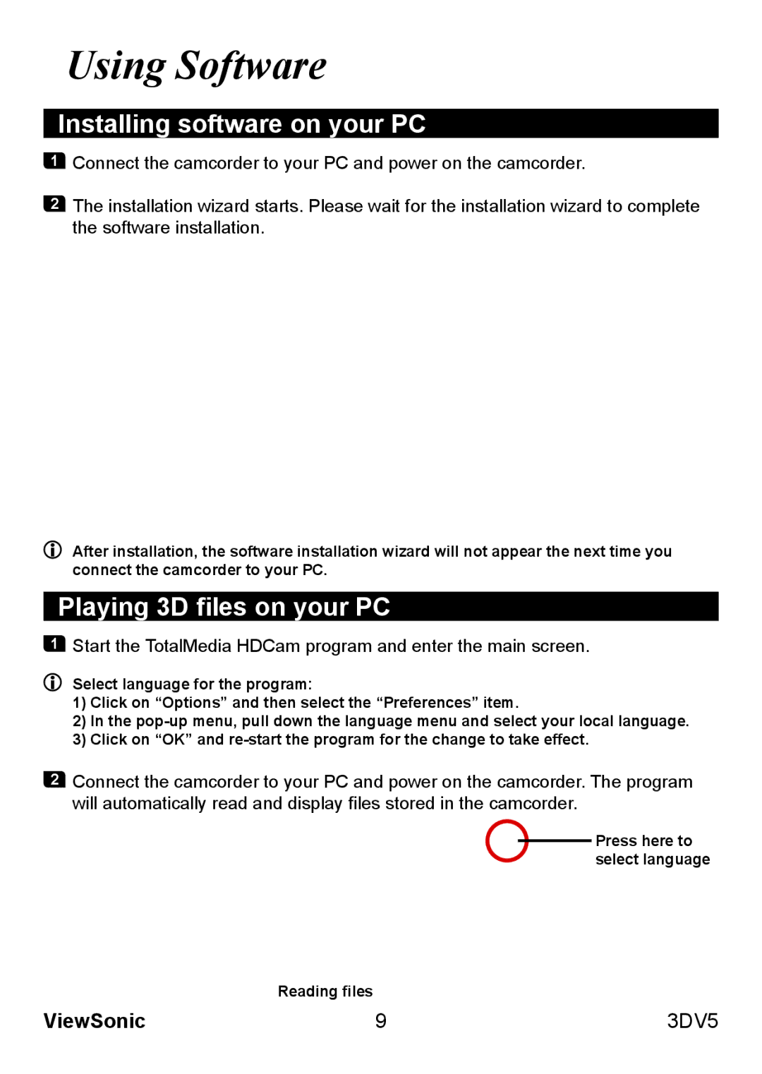 ViewSonic VS13782 Installing software on your PC, Playing 3D files on your PC, Press here to select language Reading files 