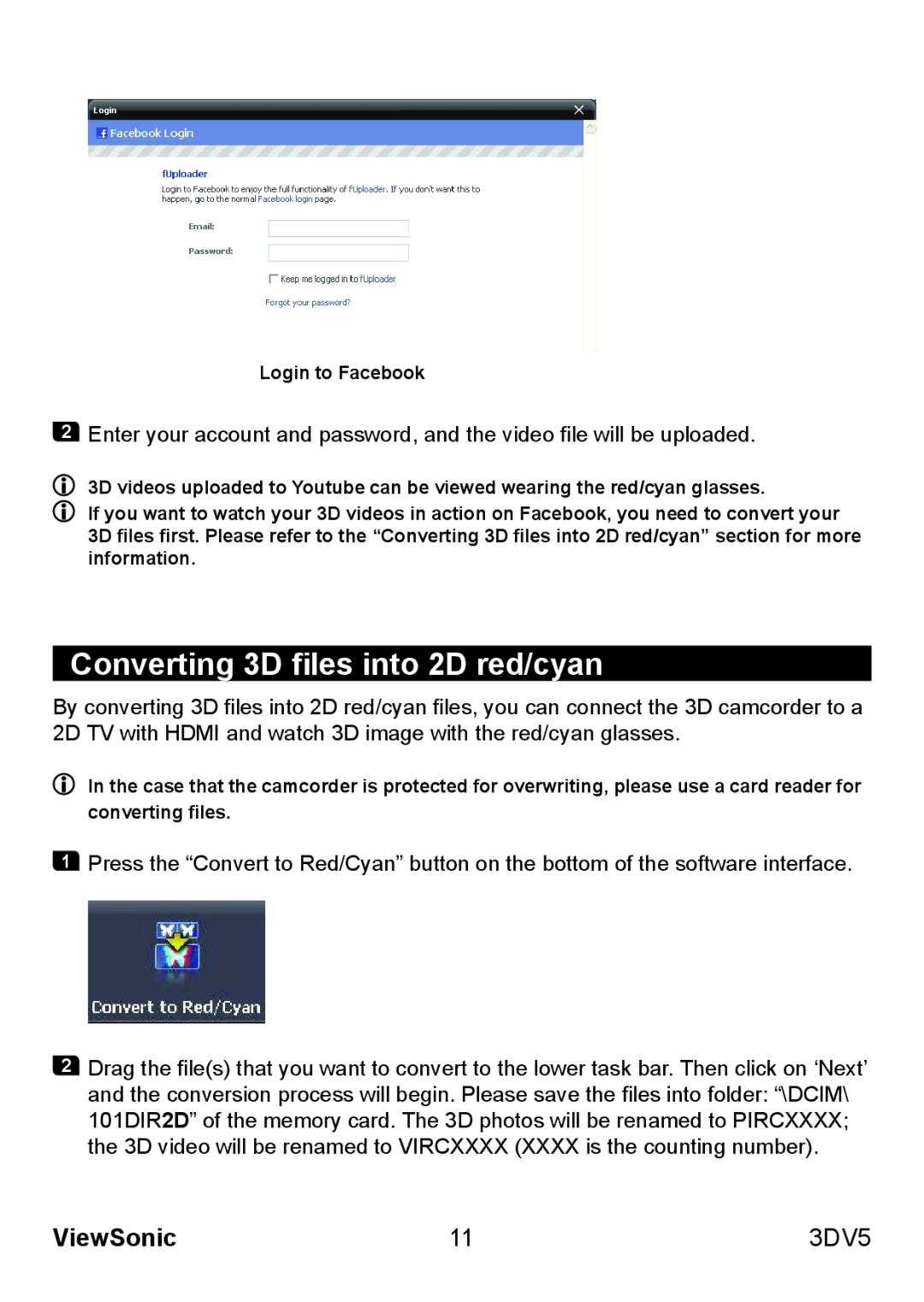 ViewSonic VS13782 warranty Converting 3D files into 2D red/cyan, Login to Facebook 