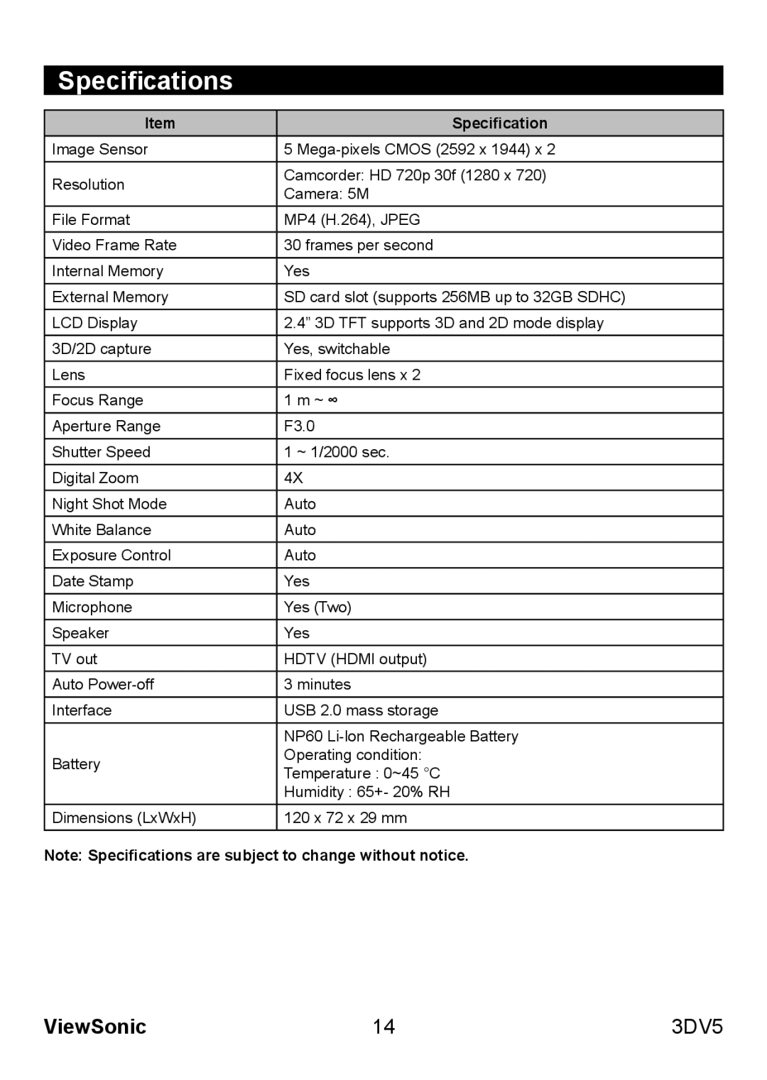 ViewSonic VS13782 warranty Specifications 