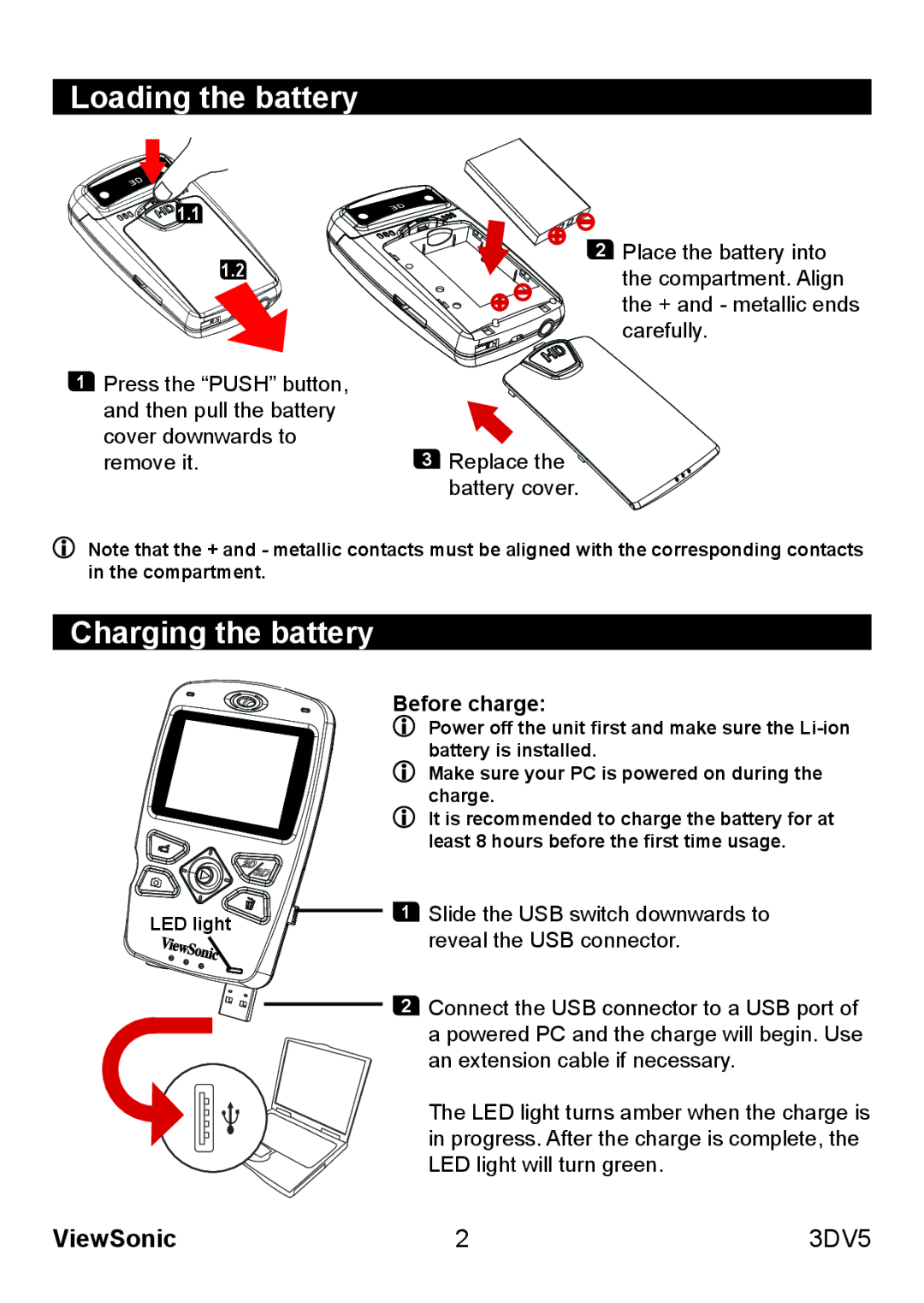 ViewSonic VS13782 warranty Loading the battery, Charging the battery 