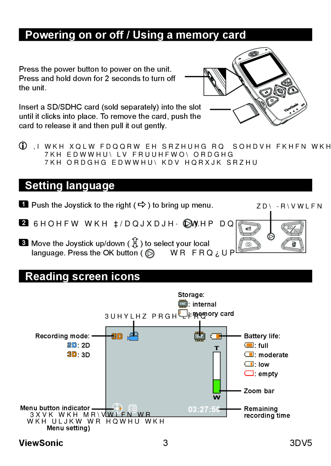 ViewSonic VS13782 warranty Powering on or off / Using a memory card, Setting language, Reading screen icons 