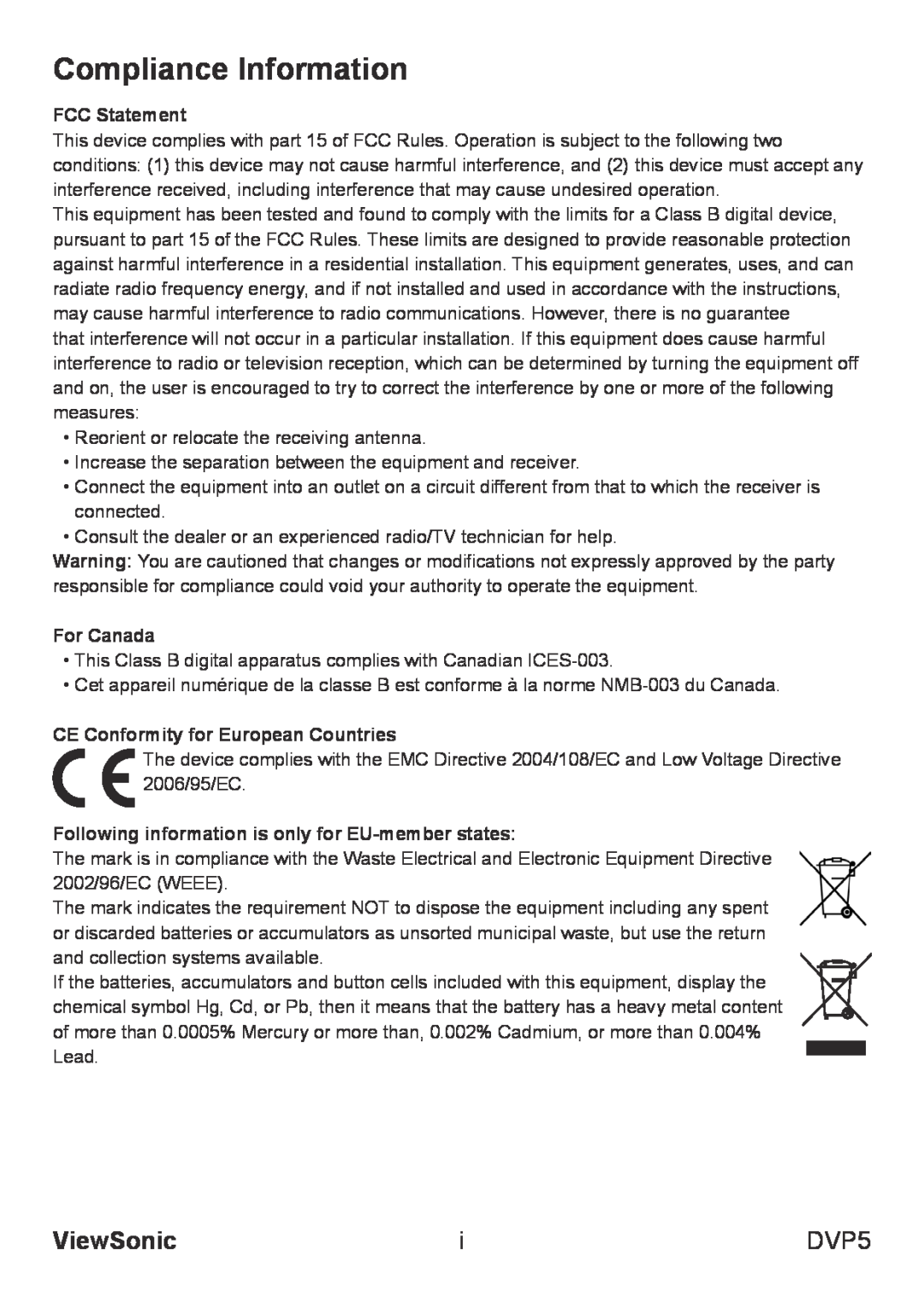 ViewSonic VS13783 Compliance Information, ViewSonic, DVP5, FCC Statement, For Canada, CE Conformity for European Countries 
