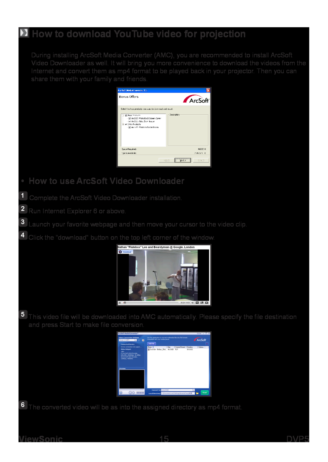 ViewSonic VS13783 How to download YouTube video for projection, How to use ArcSoft Video Downloader, ViewSonic, DVP5 