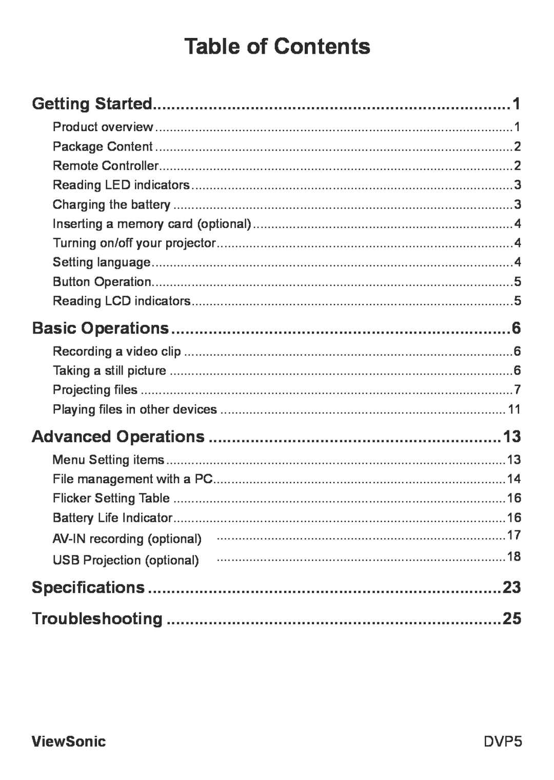 ViewSonic VS13783 warranty Table of Contents, Getting Started, Basic Operations, Advanced Operations, Specifications, DVP5 