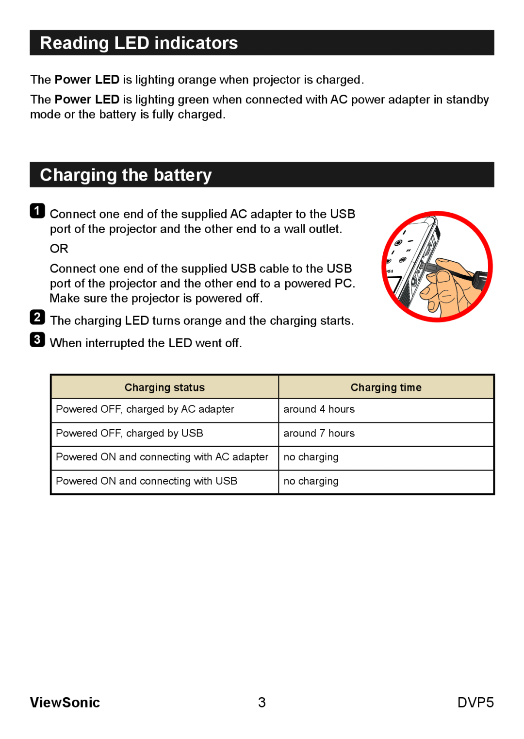 ViewSonic VS13783 warranty Reading LED indicators, Charging the battery, ViewSonic, DVP5 