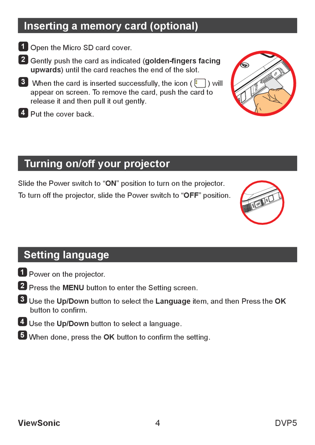 ViewSonic VS13783 warranty Inserting a memory card optional, Turning on/off your projector, Setting language 