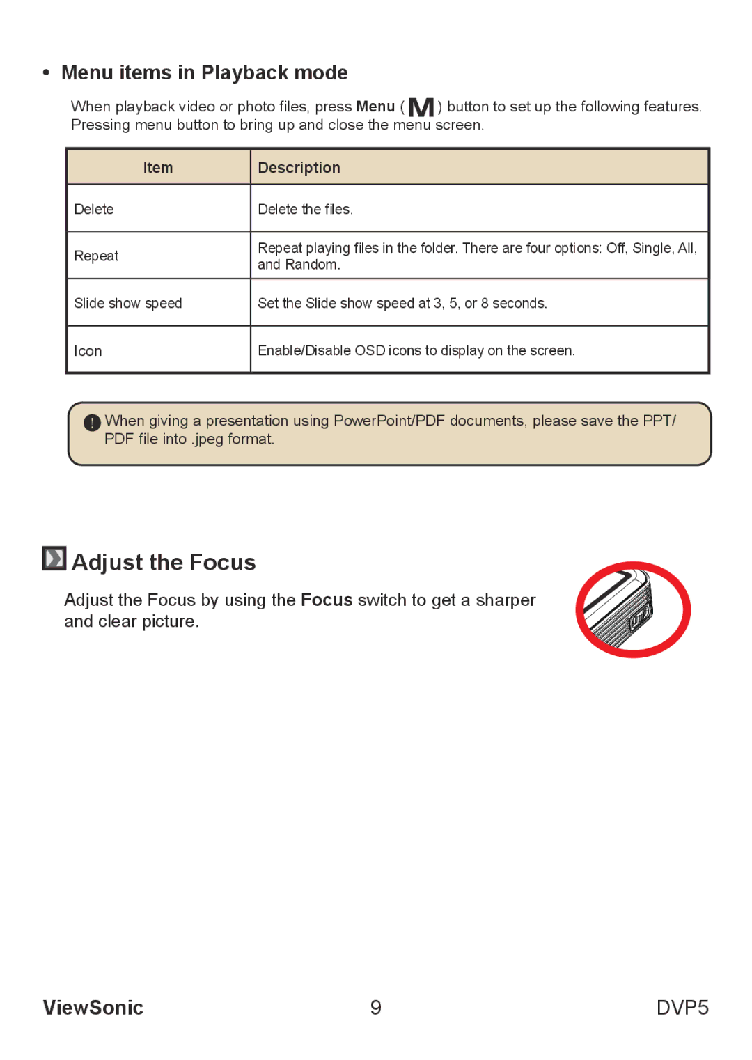 ViewSonic VS13783 warranty Adjust the Focus, Menu items in Playback mode 