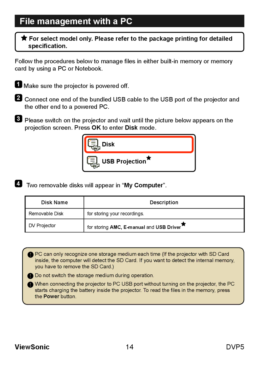 ViewSonic VS13783 warranty File management with a PC, Disk USB Projection 