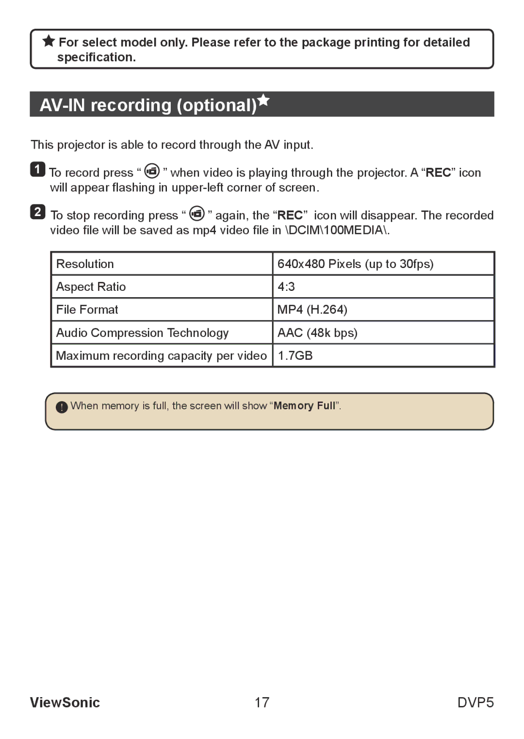 ViewSonic VS13783 warranty AV-IN recording optional 