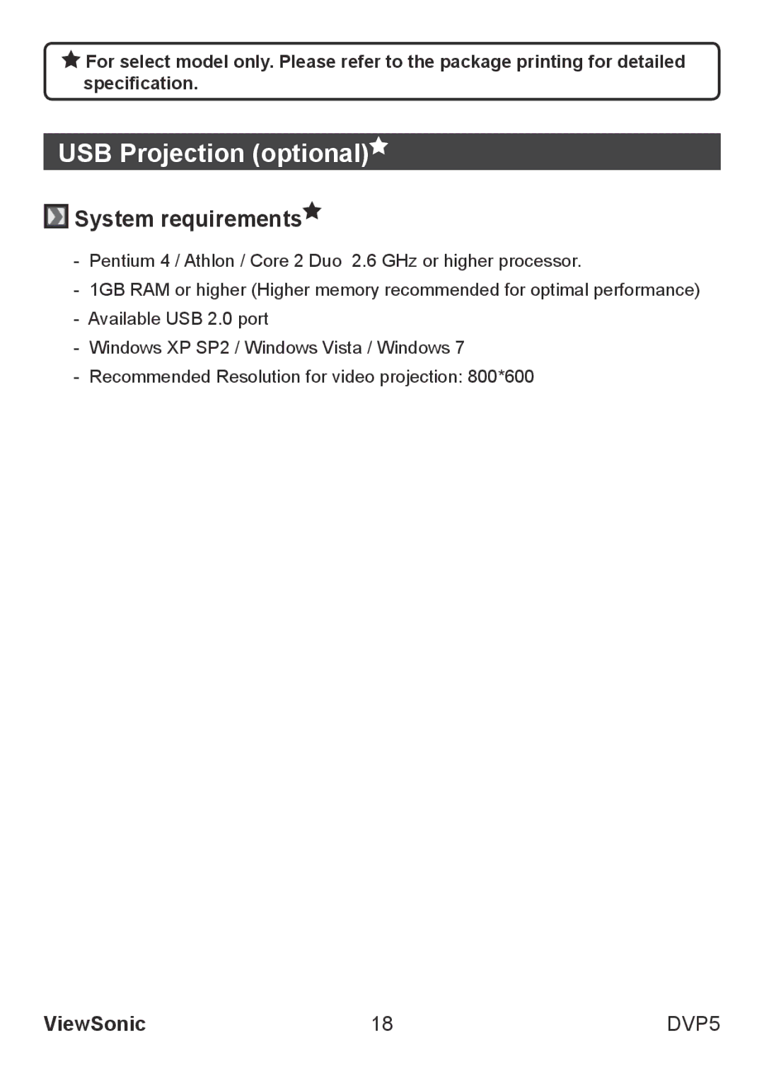 ViewSonic VS13783 warranty USB Projection optional, System requirements 