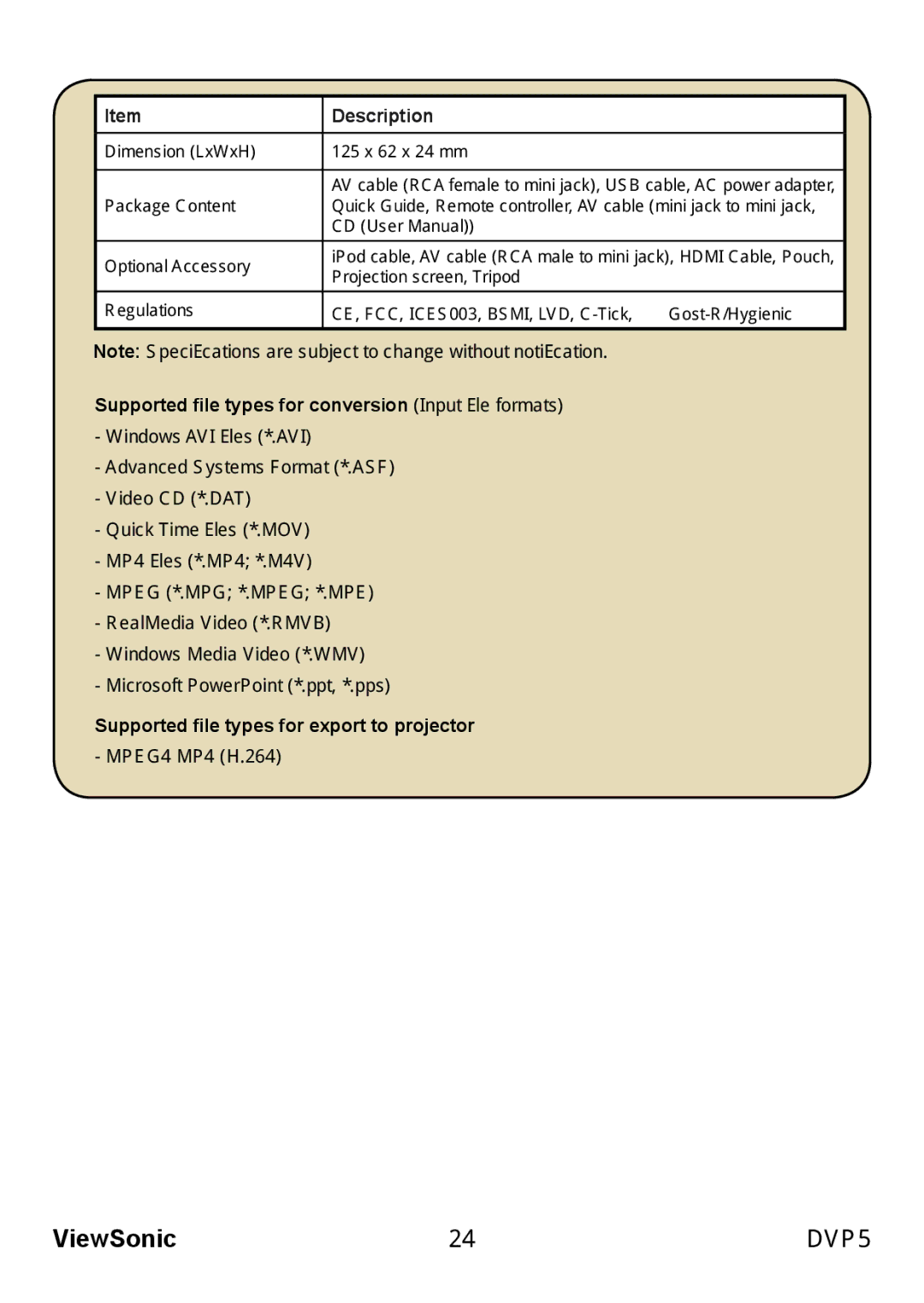 ViewSonic VS13783 Supported file types for conversion Input file formats, Supported file types for export to projector 