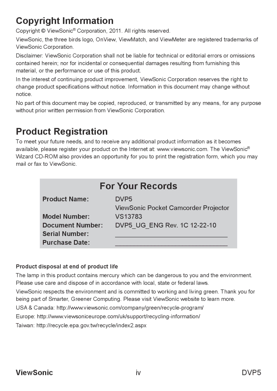 ViewSonic VS13783 Copyright Information, Product Registration For Your Records, Product disposal at end of product life 