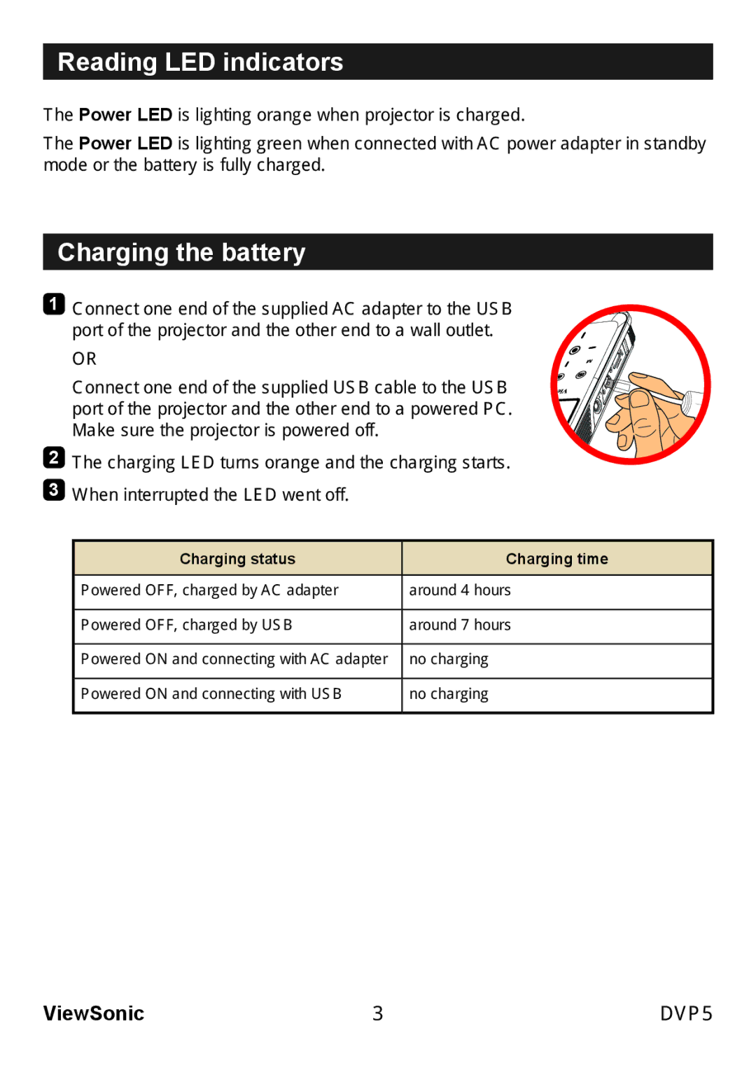 ViewSonic VS13783 warranty Reading LED indicators, Charging the battery, Charging status Charging time 