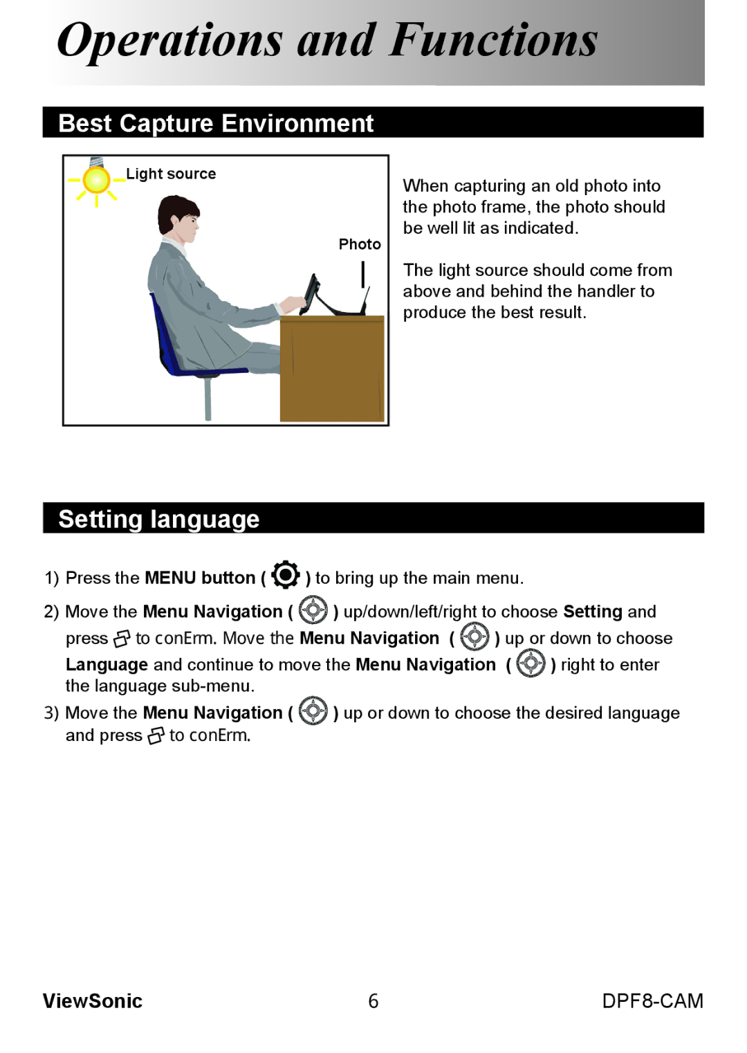 ViewSonic VS13784 warranty Best Capture Environment, Setting language, Light source Photo 