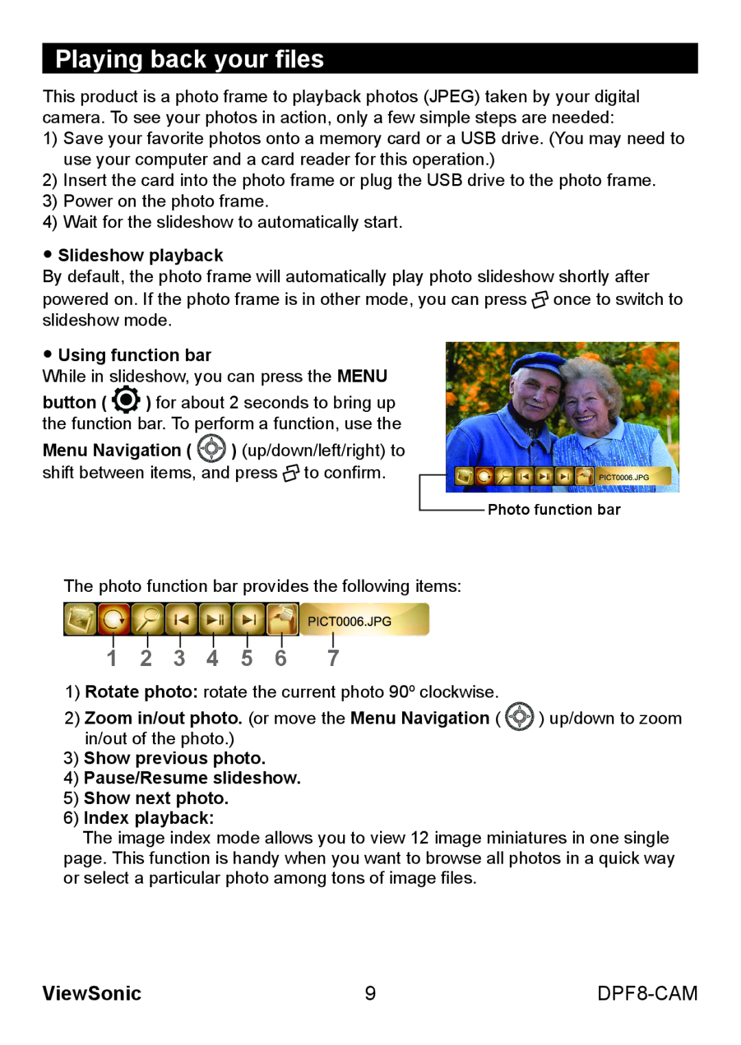ViewSonic VS13784 warranty Playing back your files, Slideshow playback, Using function bar, Photo function bar 