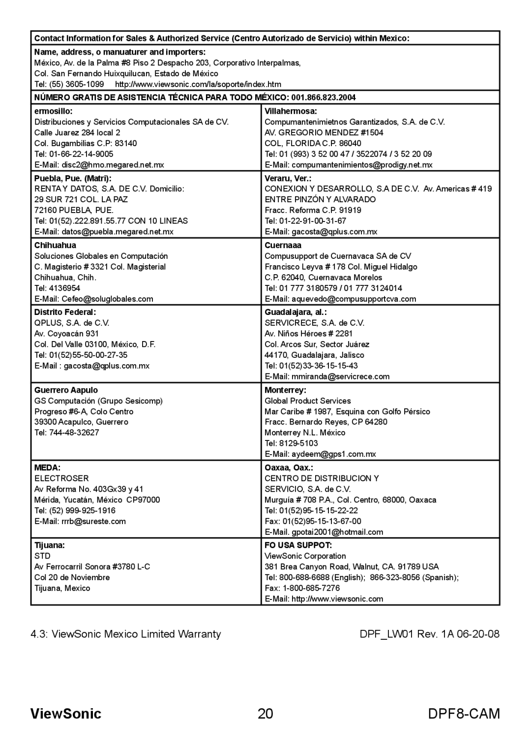 ViewSonic VS13784 warranty ViewSonic Mexico Limited Warranty DPFLW01 Rev a 