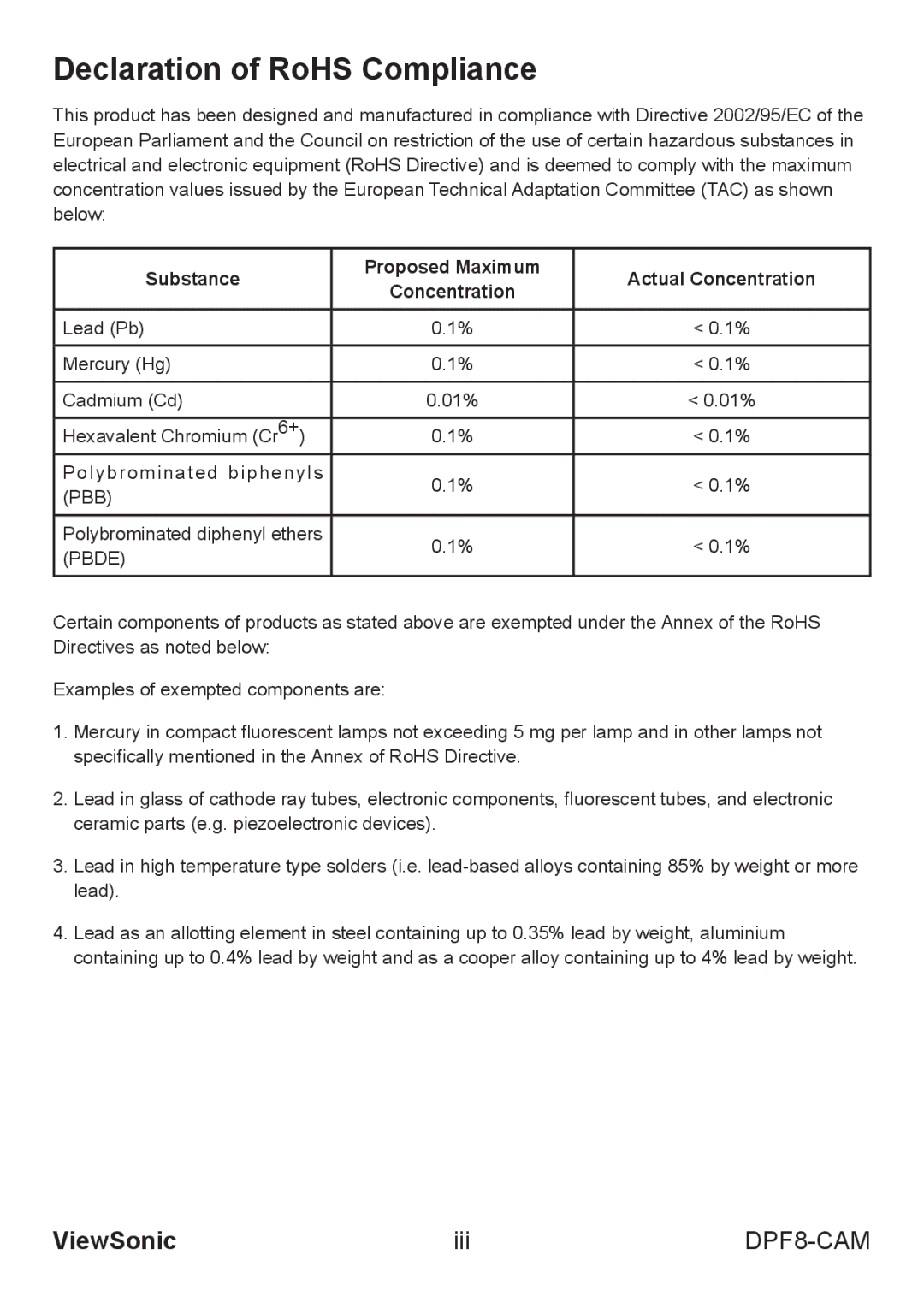 ViewSonic VS13784 warranty Declaration of RoHS Compliance, Substance Proposed Maximum Actual Concentration 