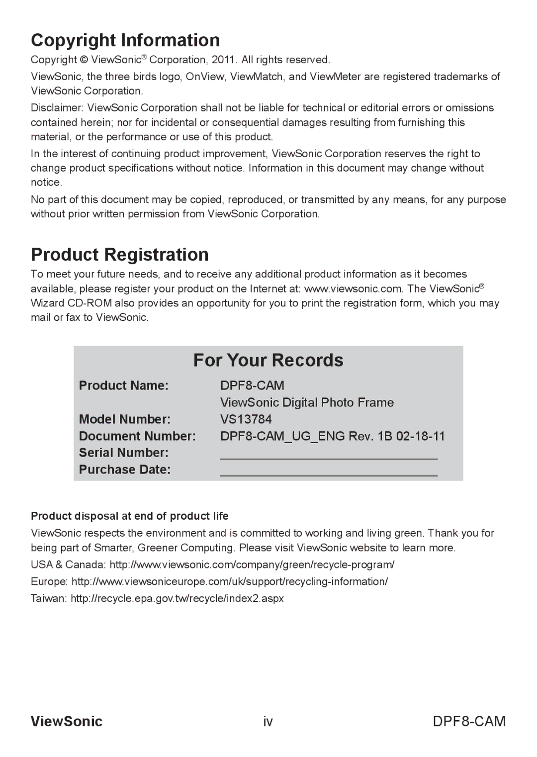 ViewSonic VS13784 warranty Copyright Information, Product Registration For Your Records 