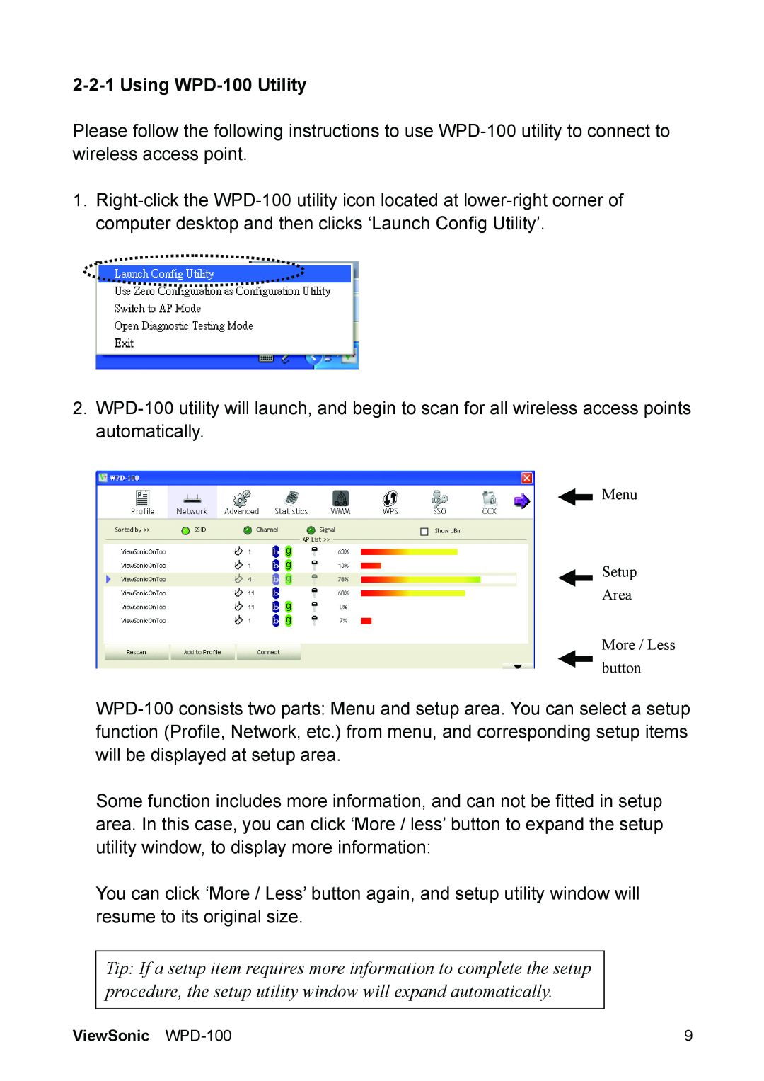 ViewSonic VS13789 manual 2-2-1Using WPD-100Utility, Menu Setup Area More / Less button 