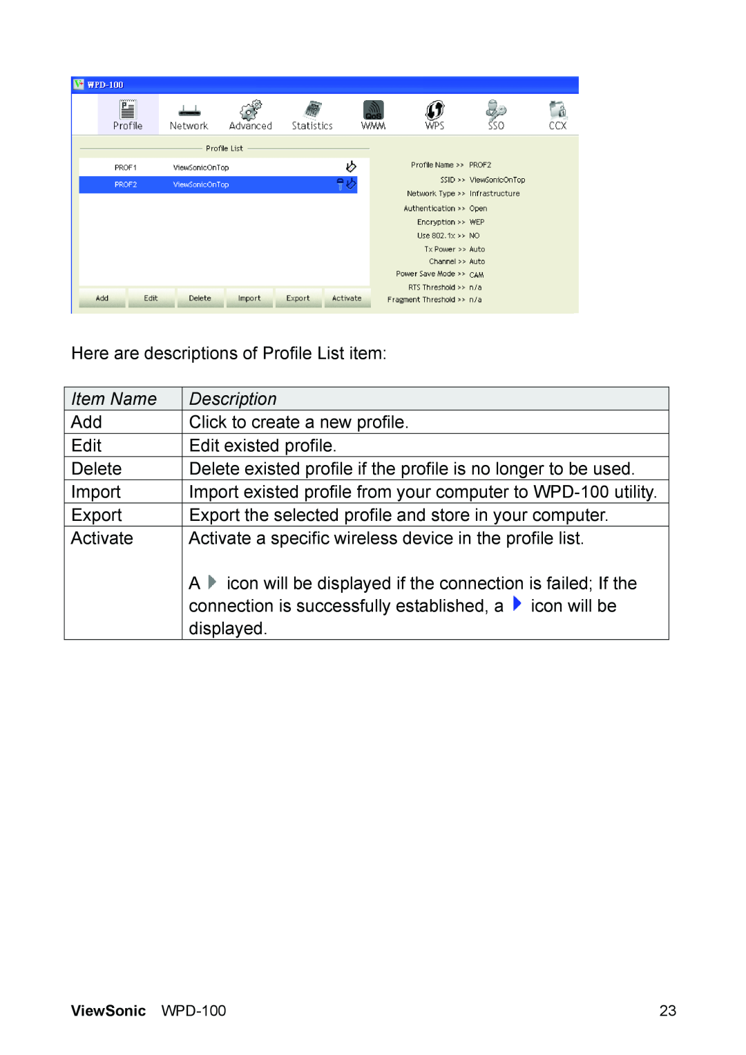 ViewSonic VS13789 manual Here are descriptions of Profile List item 