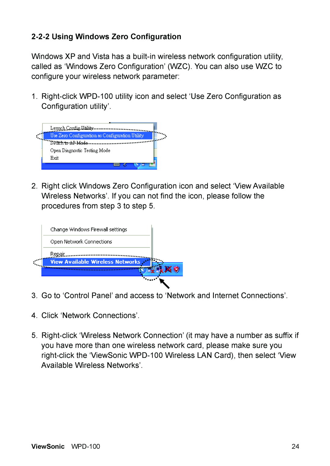 ViewSonic VS13789 manual 2-2-2Using Windows Zero Configuration 