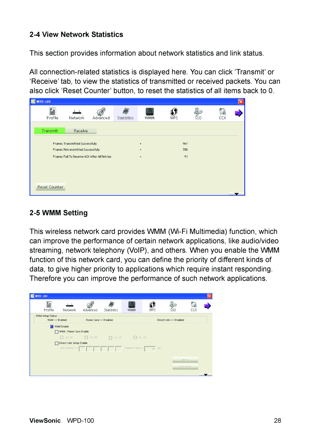 ViewSonic VS13789 manual 2-4View Network Statistics, 2-5WMM Setting 