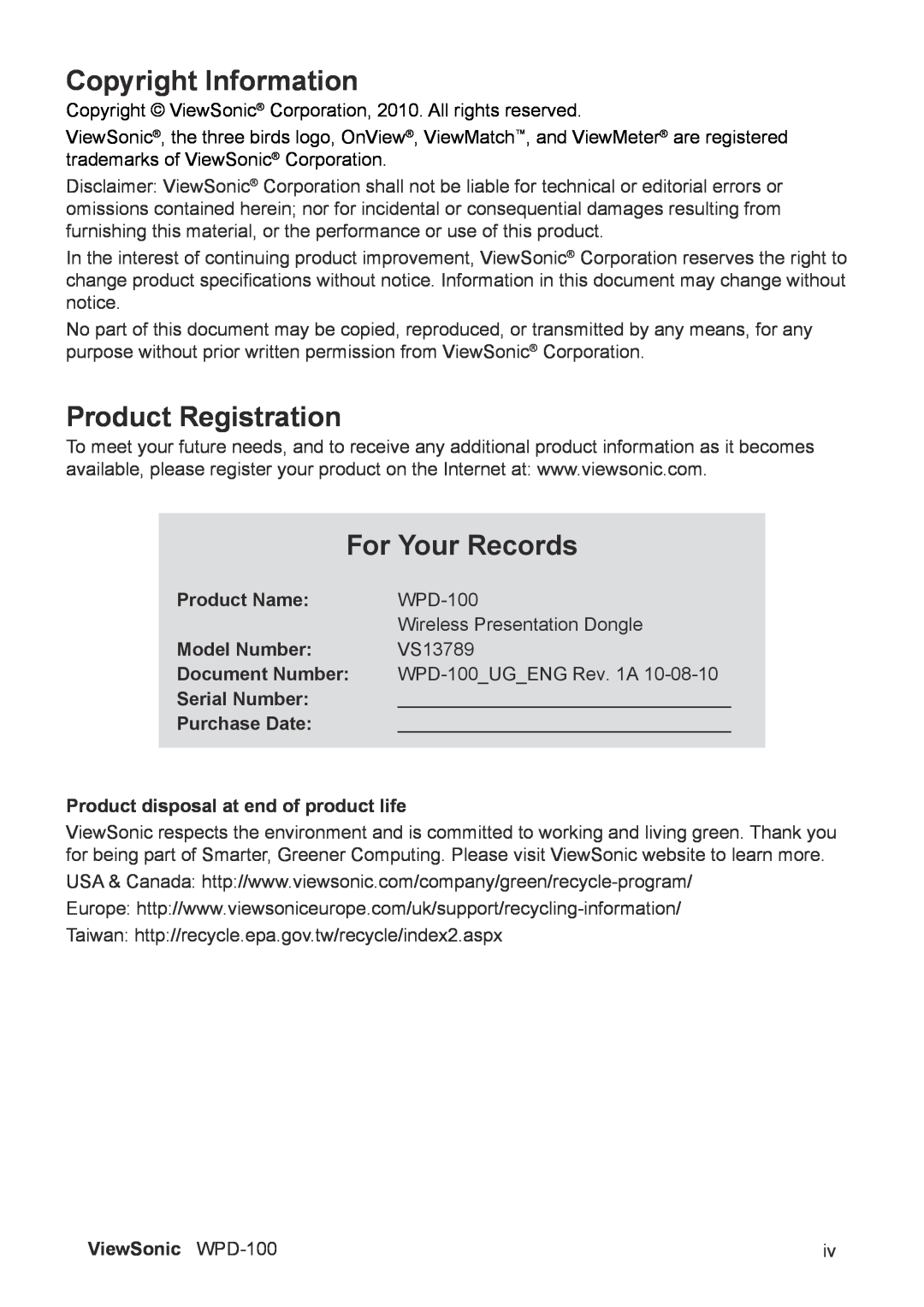 ViewSonic VS13789 Copyright Information, Product Registration, For Your Records, Product Name, Model Number, Serial Number 