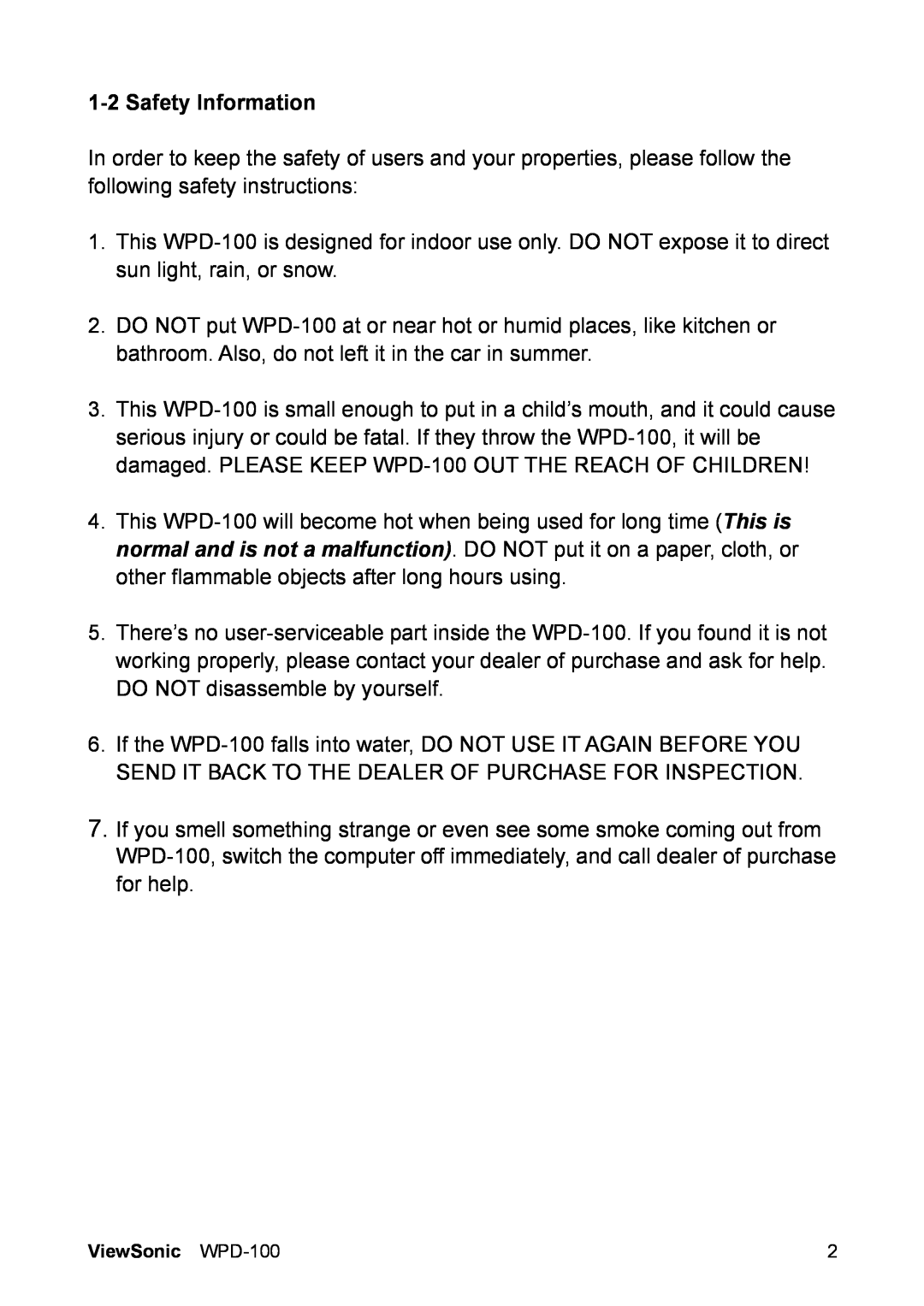 ViewSonic VS13789 manual 1-2Safety Information 