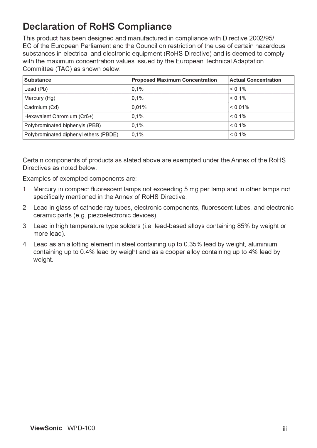 ViewSonic VS13789 manual Declaration of RoHS Compliance 