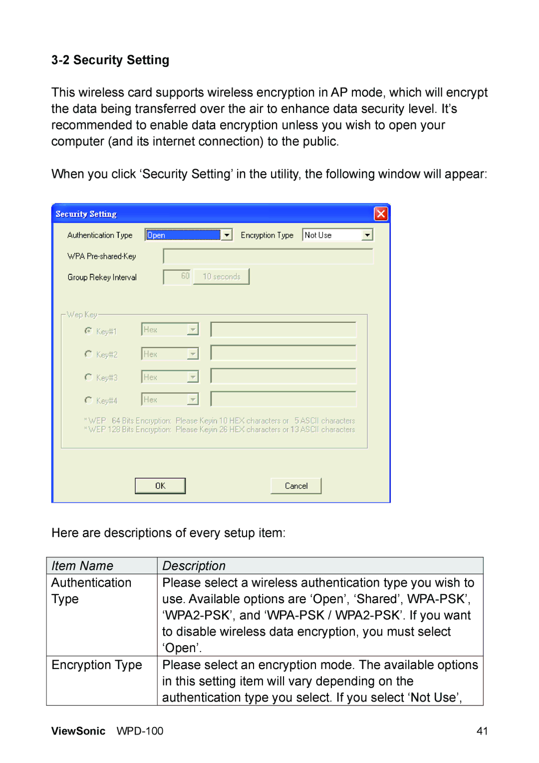 ViewSonic VS13789 manual Security Setting, Type 