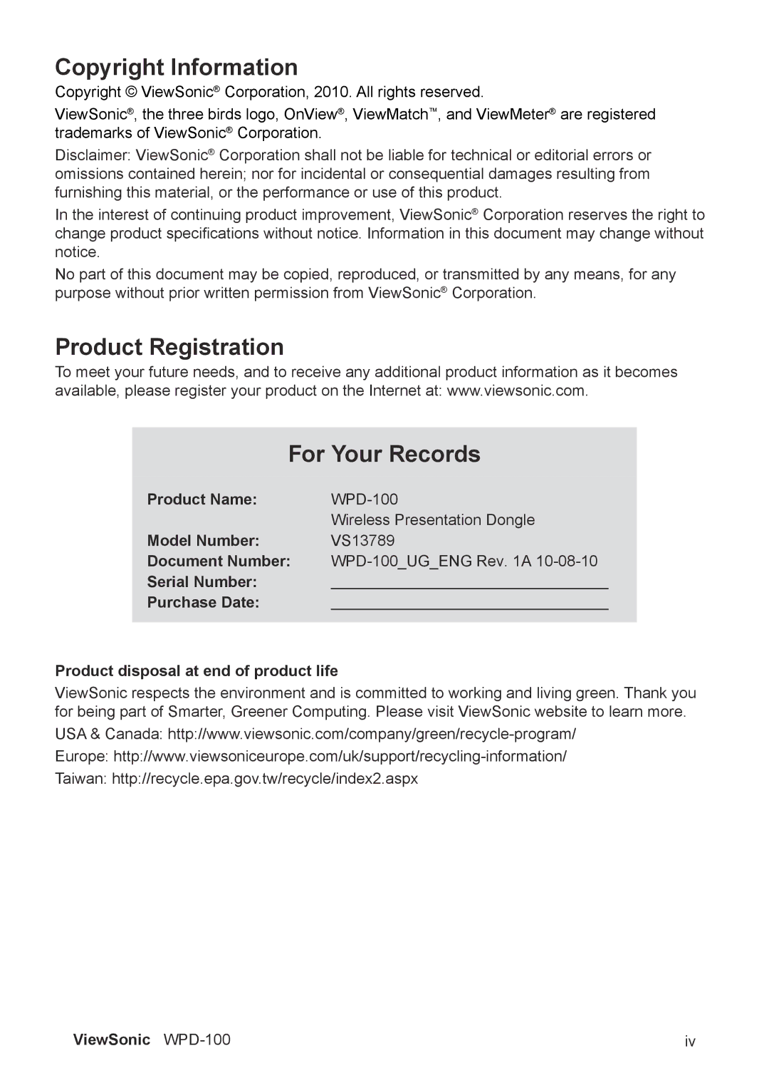 ViewSonic VS13789 manual Copyright Information 