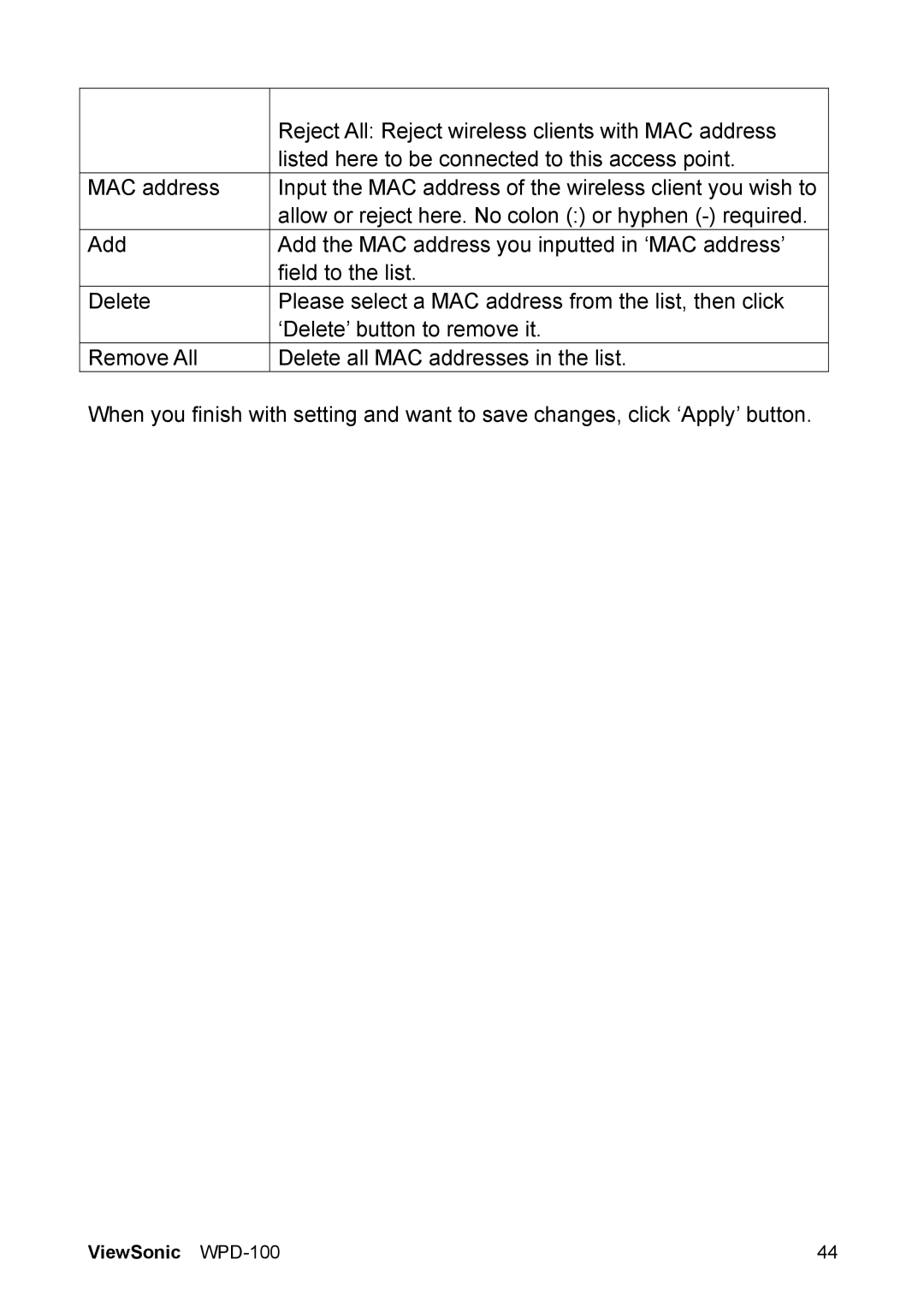 ViewSonic VS13789 manual Reject All Reject wireless clients with MAC address 