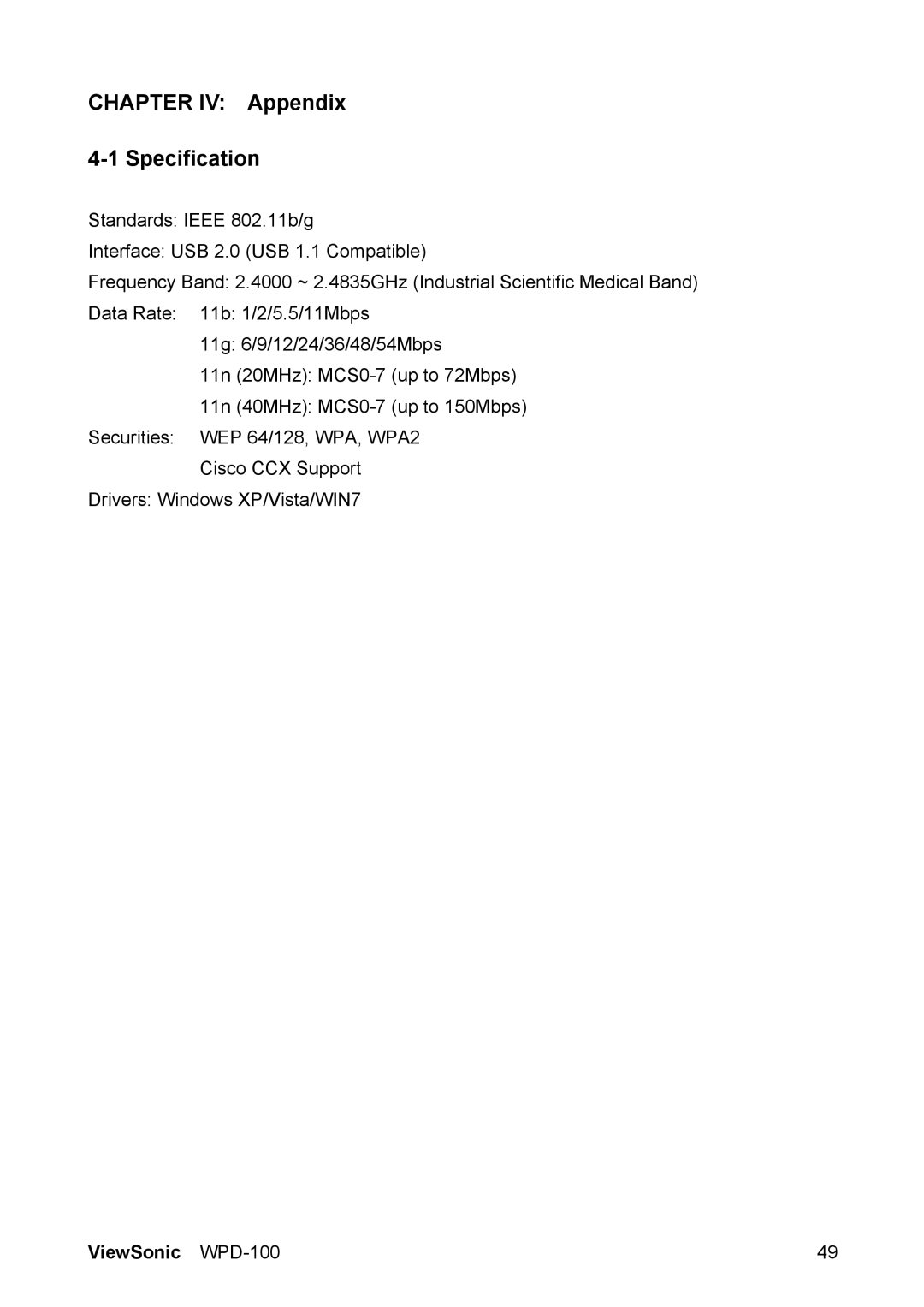 ViewSonic VS13789 manual Chapter IV Appendix Specification 