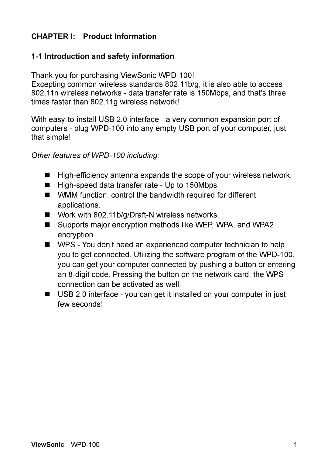 ViewSonic VS13789 manual Other features of WPD-100 including 